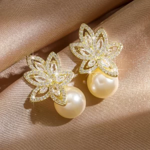 2025 Temperament Imitation Pearl Flower Stud Earrings Elegant Leaf Marquise Zirconia Wedding Party Jewelry for Women